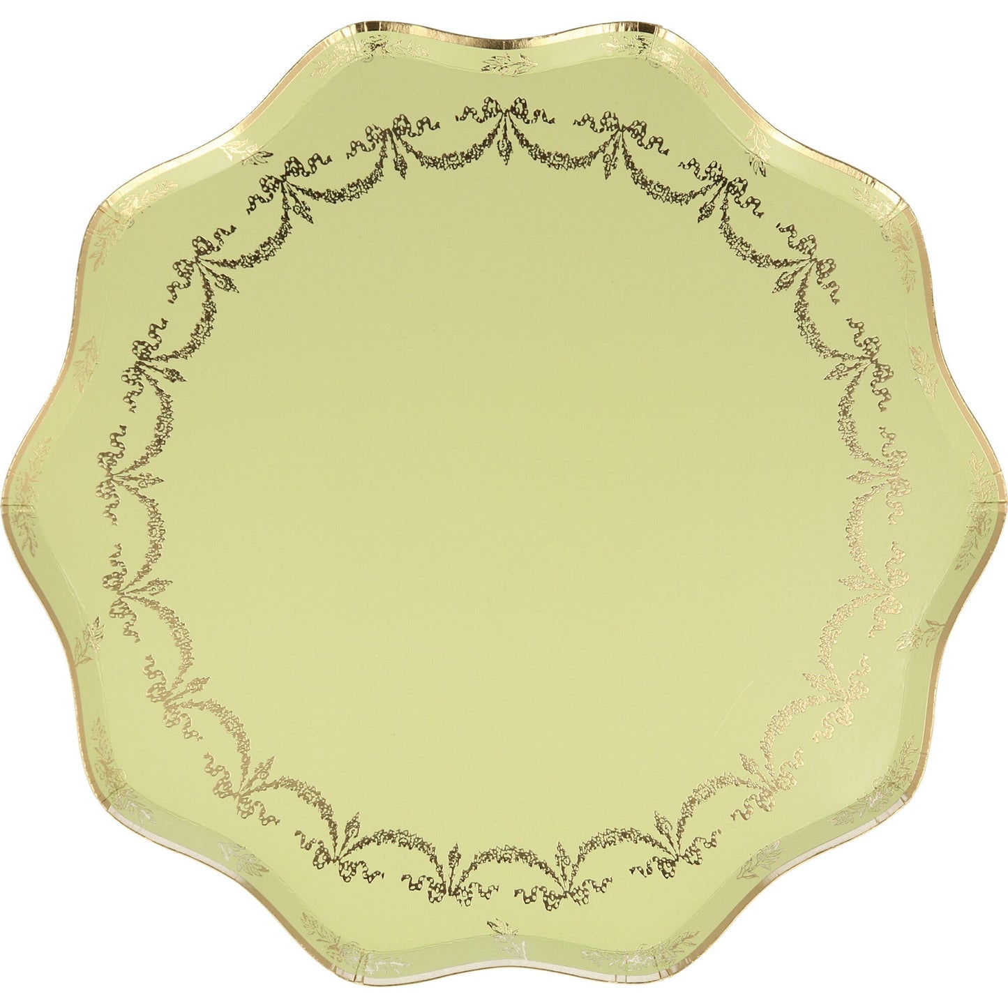 Green Ladurée Paris dinner plate by Meri Meri with gold foil scalloped edge and decorative trim, available in Toronto and shipping across Canada.