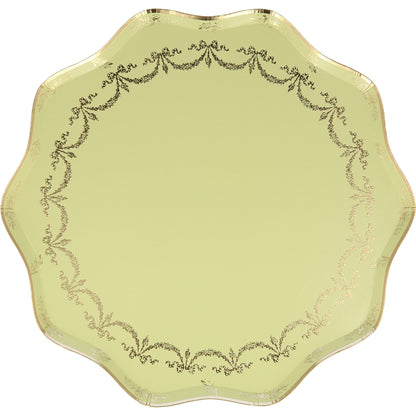 Green Ladurée Paris dinner plate by Meri Meri with gold foil scalloped edge and decorative trim, available in Toronto and shipping across Canada.