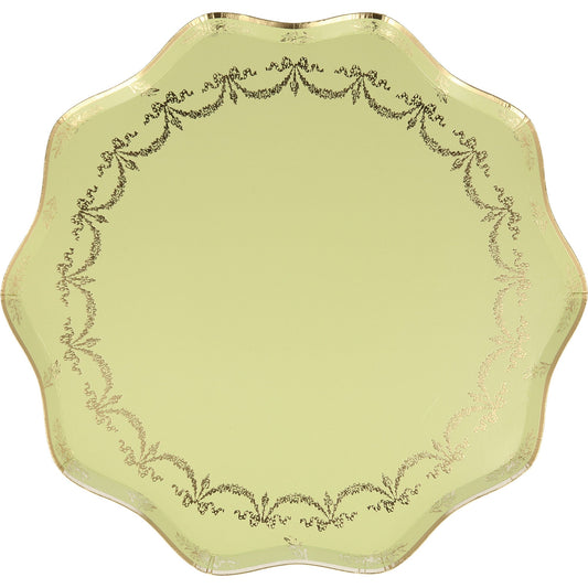 Green Ladurée Paris dinner plate by Meri Meri with gold foil scalloped edge and decorative trim, available in Toronto and shipping across Canada.