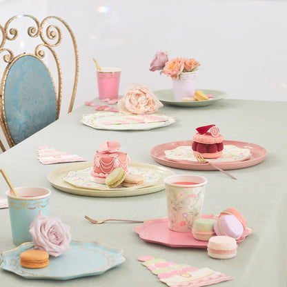 Ladurée Paris dinner plates by Meri Meri styled for an elegant tea party table with pastel cups and macarons, shipping across Canada.