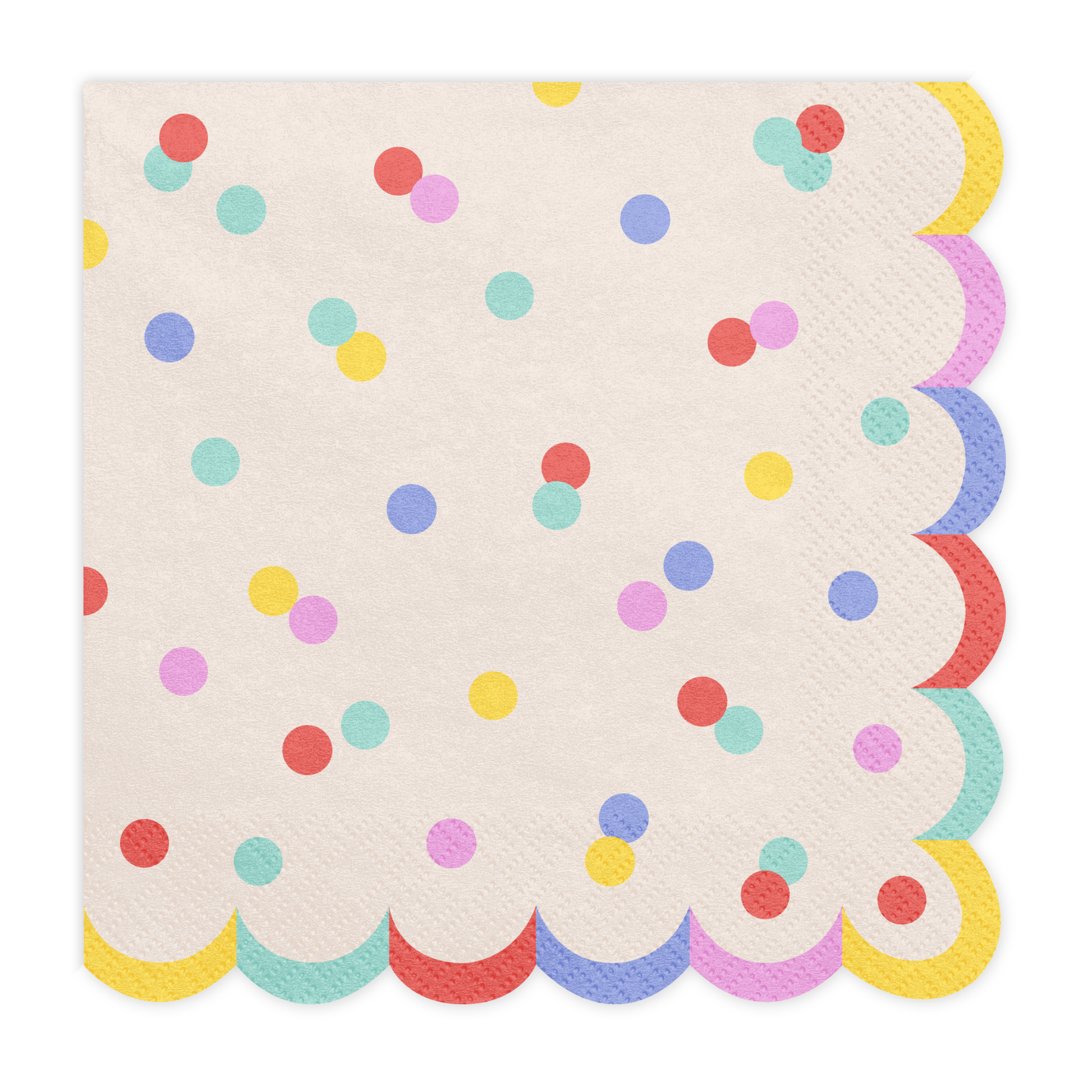Beige napkin with colorful polka dots and scalloped edges
