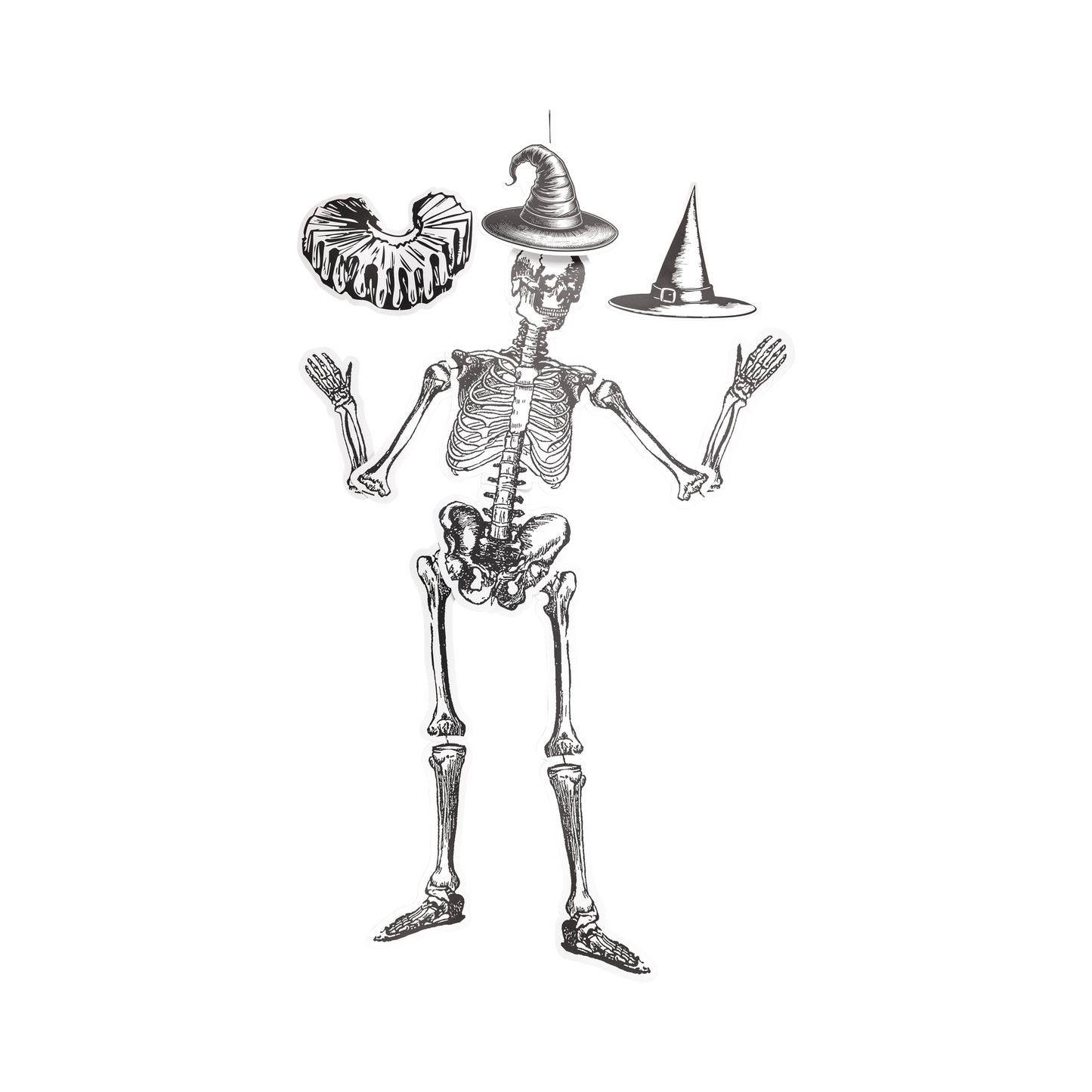 Large poseable dancing paper skeleton with Halloween accessories
