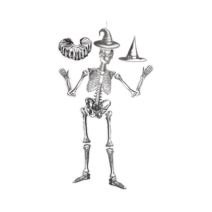 Large poseable dancing paper skeleton with Halloween accessories