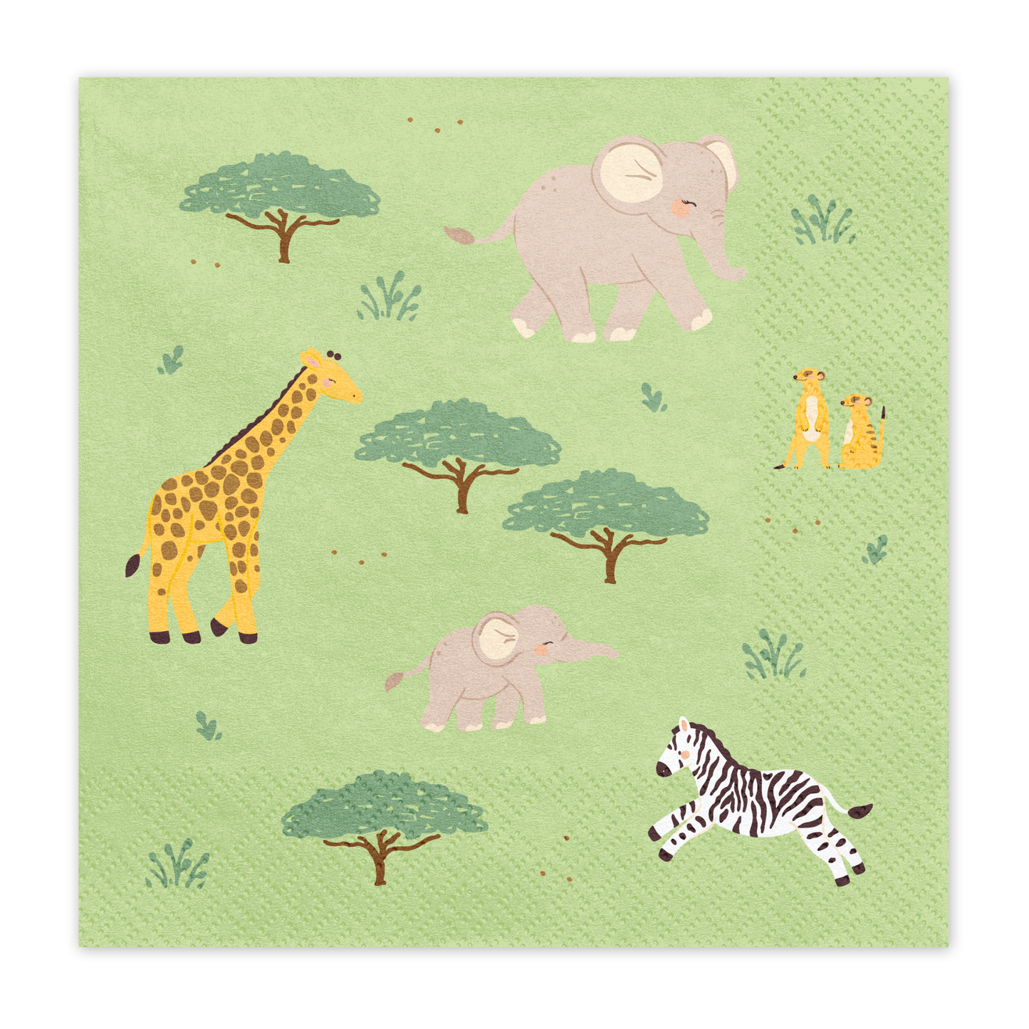Safari-themed paper napkins with animals and trees on a green background
