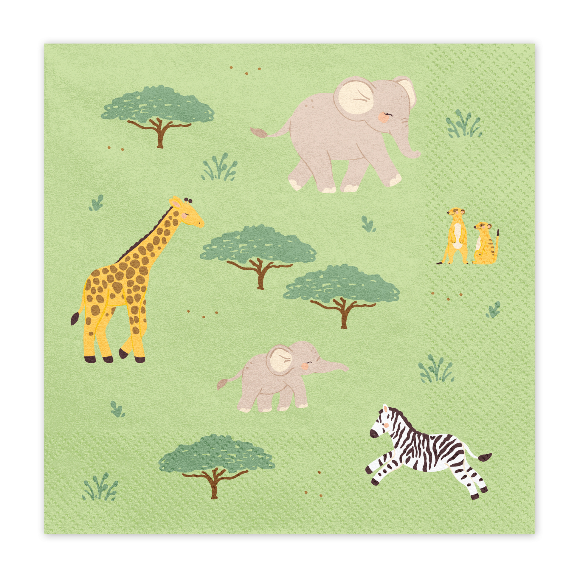 Safari-themed paper napkins with animals and trees on a green background