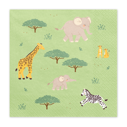 Safari-themed paper napkins with animals and trees on a green background
