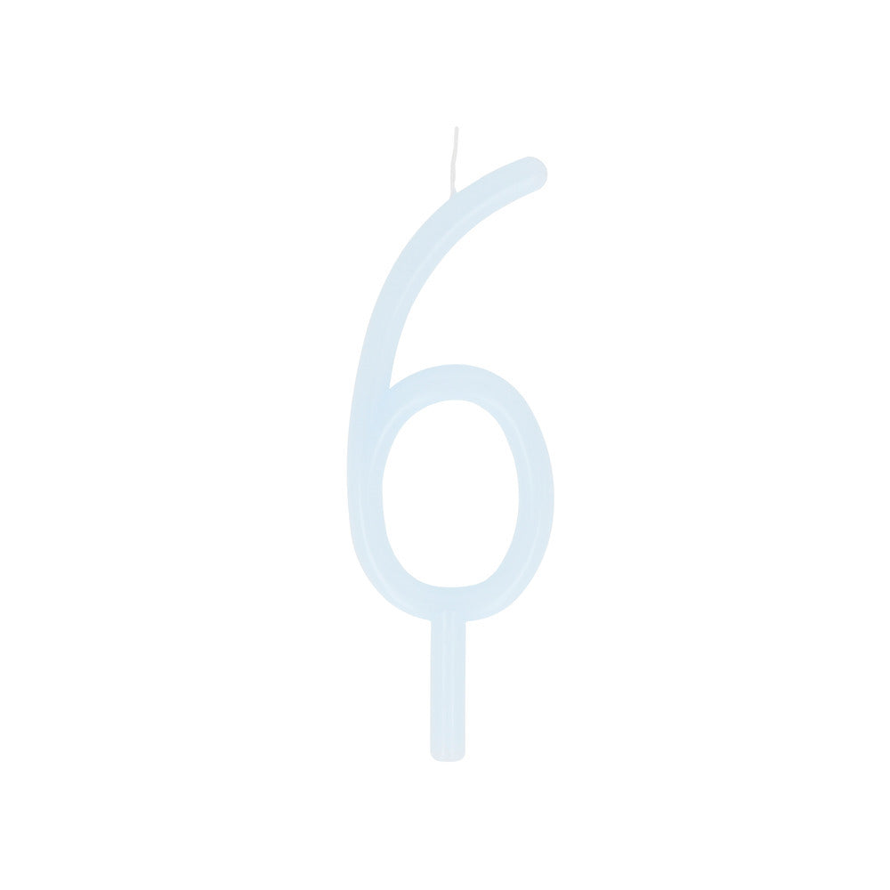 Large slim pastel number 6 candle by Meri Meri in pastel blue, available at Confetti My Party and ships across Canada for birthday cakes and parties.