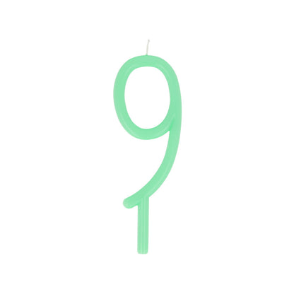 Large slim pastel number 9 candle by Meri Meri in pastel green, available at Confetti My Party and ships across Canada for birthday cakes and parties.