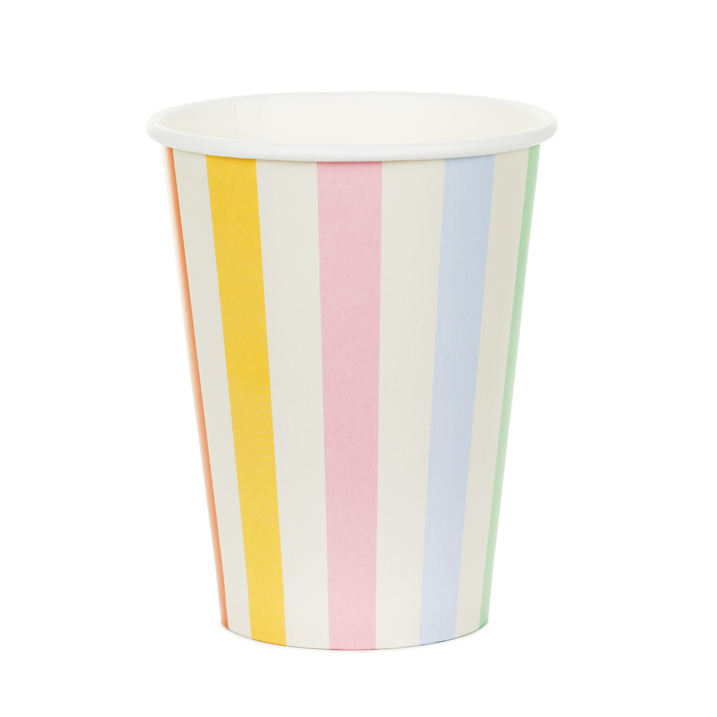 Paper cup with pastel-colored vertical stripes on a white background