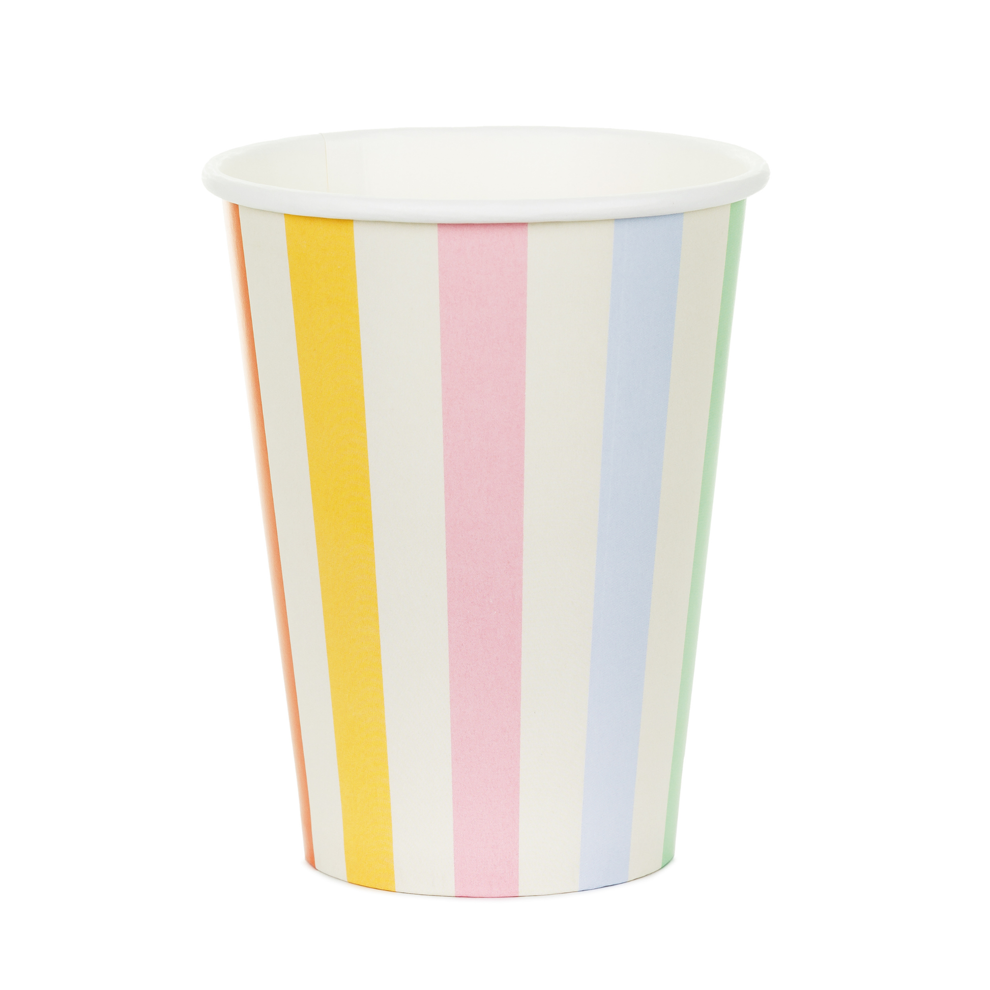 Paper cup with pastel-colored vertical stripes on a white background