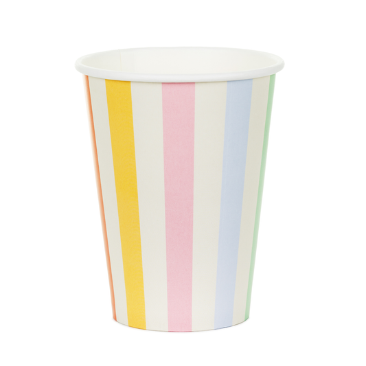 Paper cup with pastel-colored vertical stripes on a white background