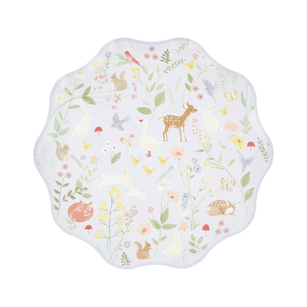Lavender Meri Meri little animals scalloped side plates with woodland creatures and soft florals, available at our Toronto party shop.