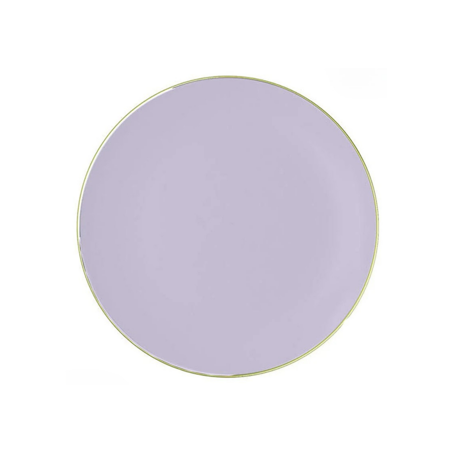 Round purple plate with gold rim on a white background