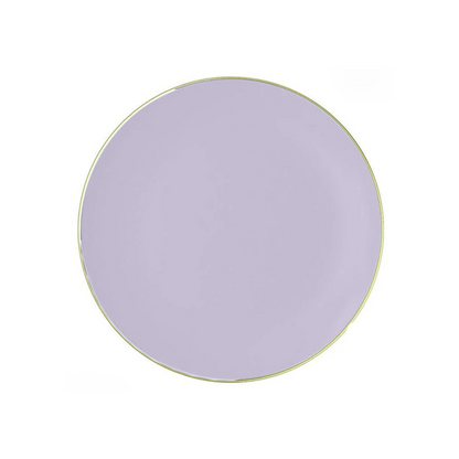 Round purple plate with gold rim on a white background