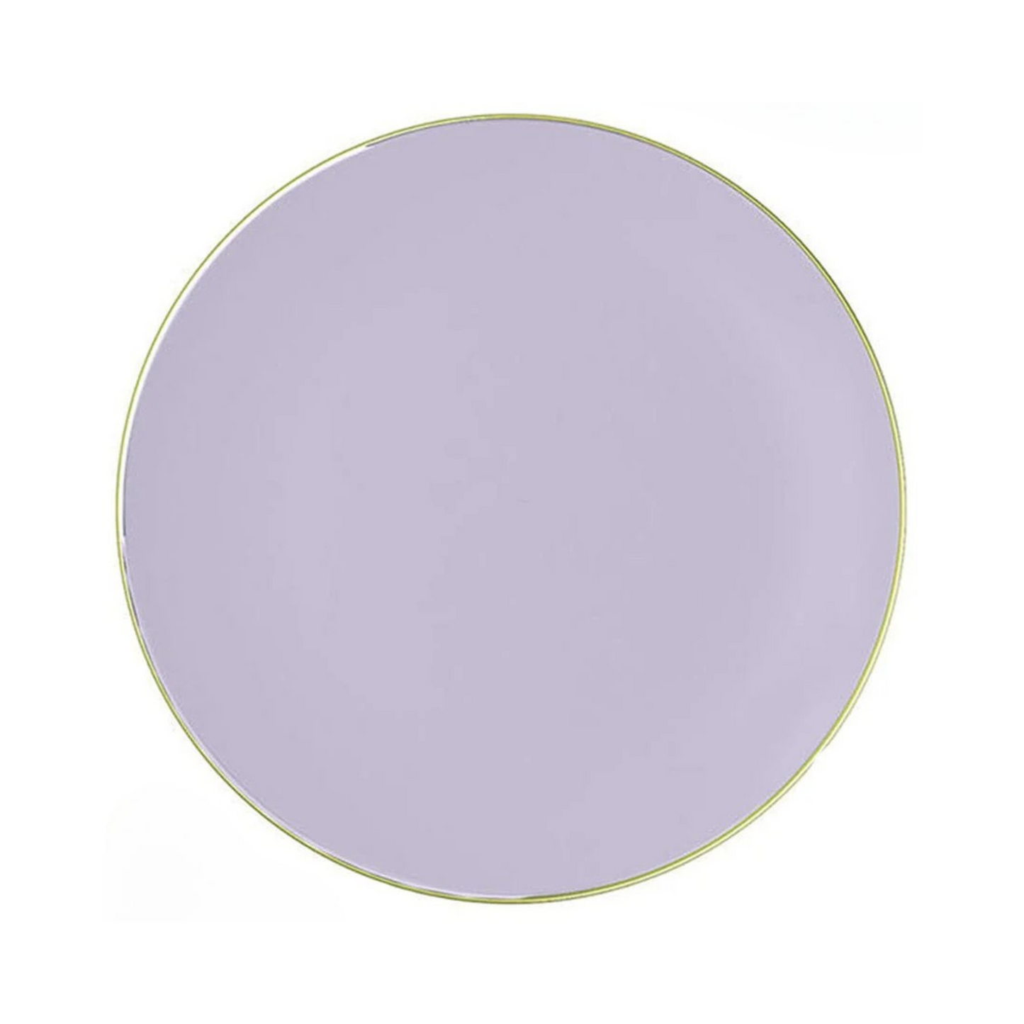 Round purple plate with a gold rim on a white background