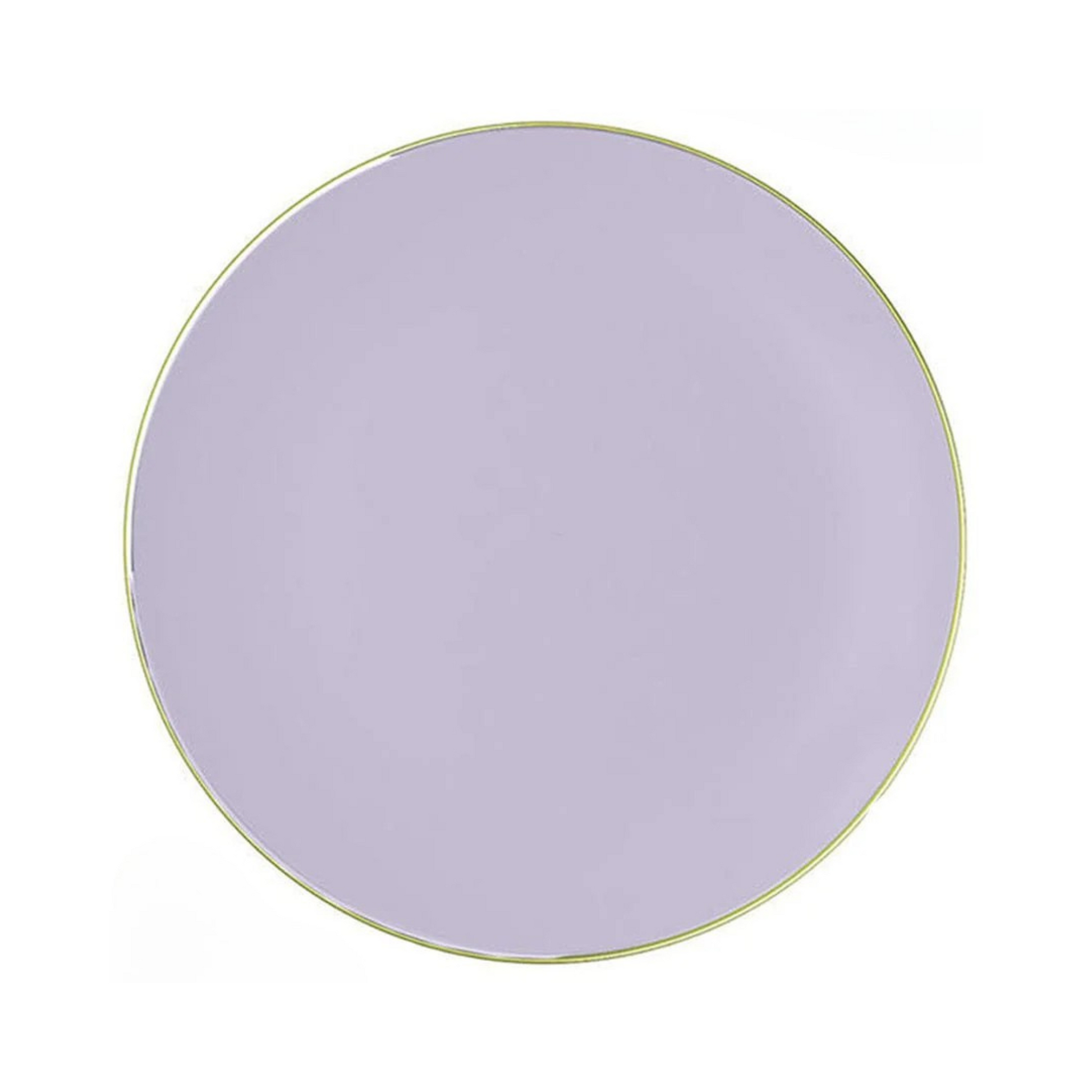 Round purple plate with a gold rim on a white background