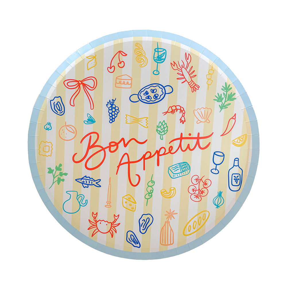 Round paper plate with colorful food illustrations and 'Bon Appetit' text on a white background
