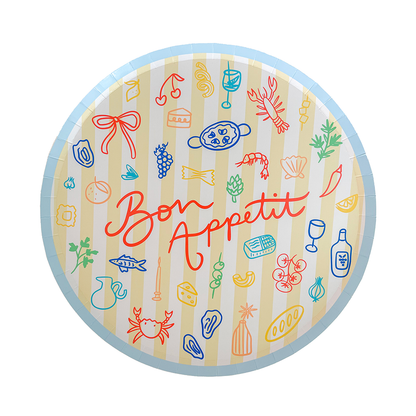Round paper plate with colorful food illustrations and 'Bon Appetit' text on a white background