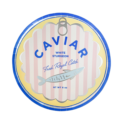 Paper dinner plate with caviar label with striped design and blue text on a white background