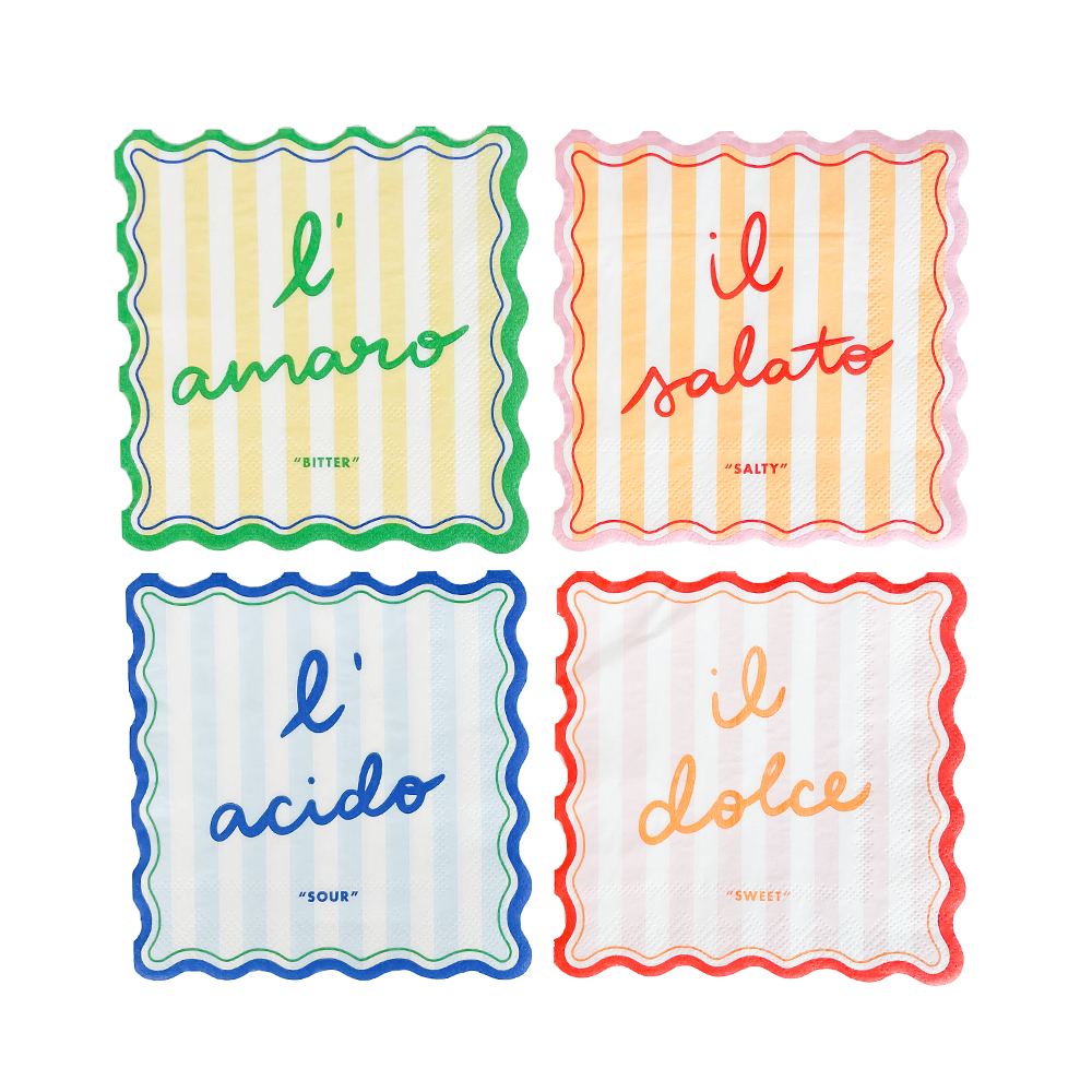 Four colourful napkins with Italian text and scalloped edge on a white background
