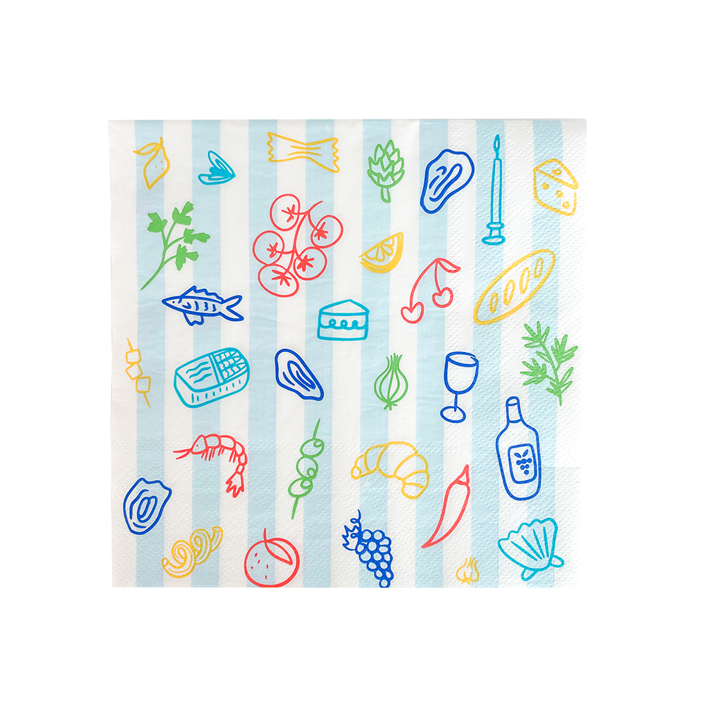 large dinner napkin with colourful food-themed pattern on a striped background