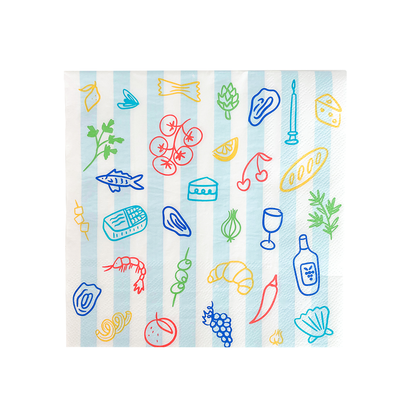 large dinner napkin with colourful food-themed pattern on a striped background
