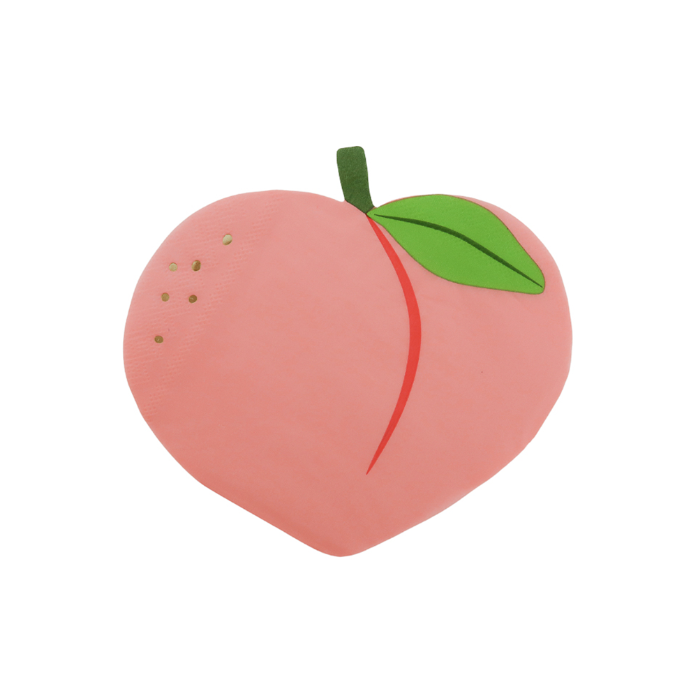 peach shaped paper napkin with illustration of a peach with a green stem on a white background