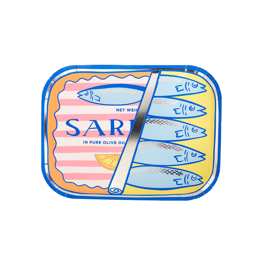 Paper plate with sardine can and blue fish illustration on a white background