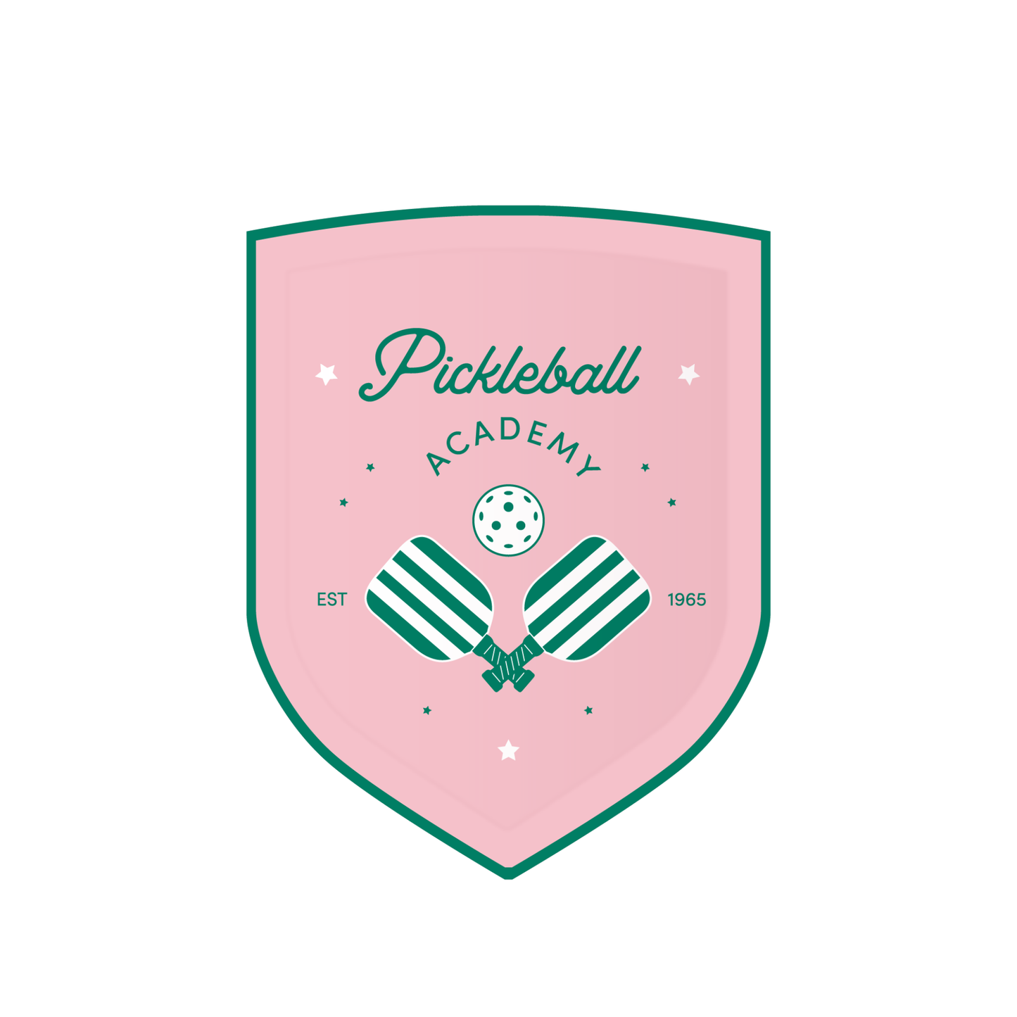 Pickleball Academy logo with paddle and ball design on a pink background