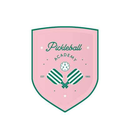 Pickleball Academy logo with paddle and ball design on a pink background