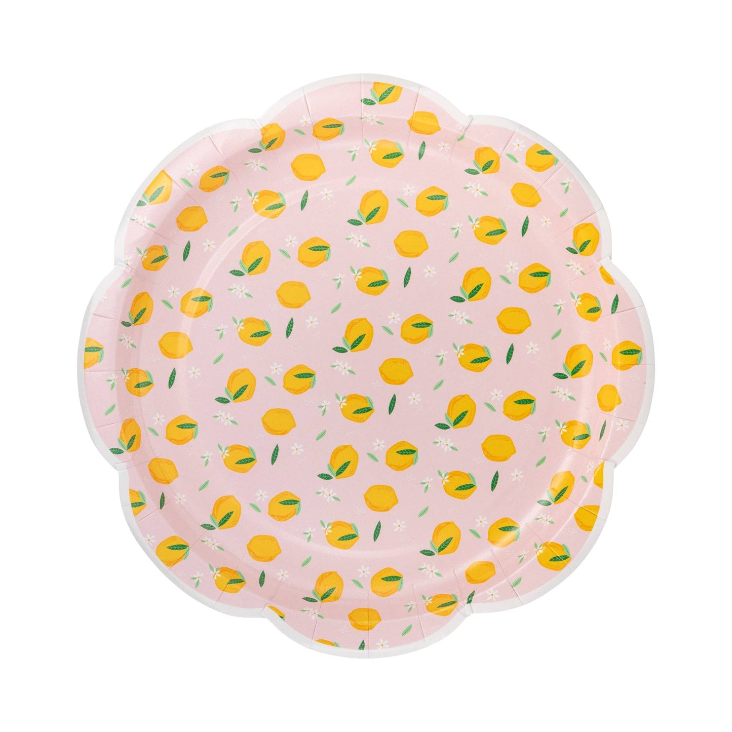 Pink scalloped paper plate with yellow lemon print, perfect for summer parties in Toronto.