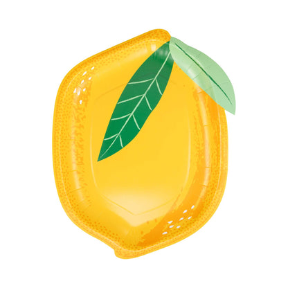 Vibrant lemon-shaped paper plate with green leaves, ideal for citrus-themed celebrations, available in Toronto and shipping across Canada.