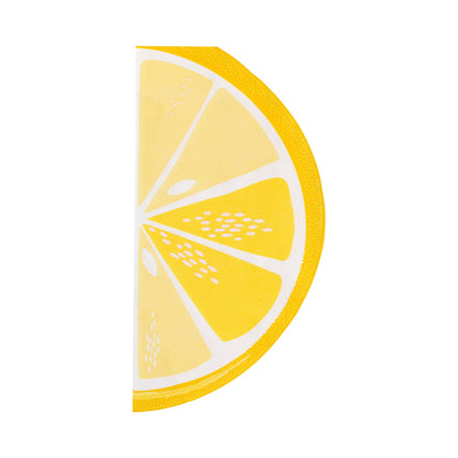 Lemon wedge-shaped paper napkin with bright yellow citrus print, perfect for cocktail parties, Amalfi themed celebrations and lemonade station.