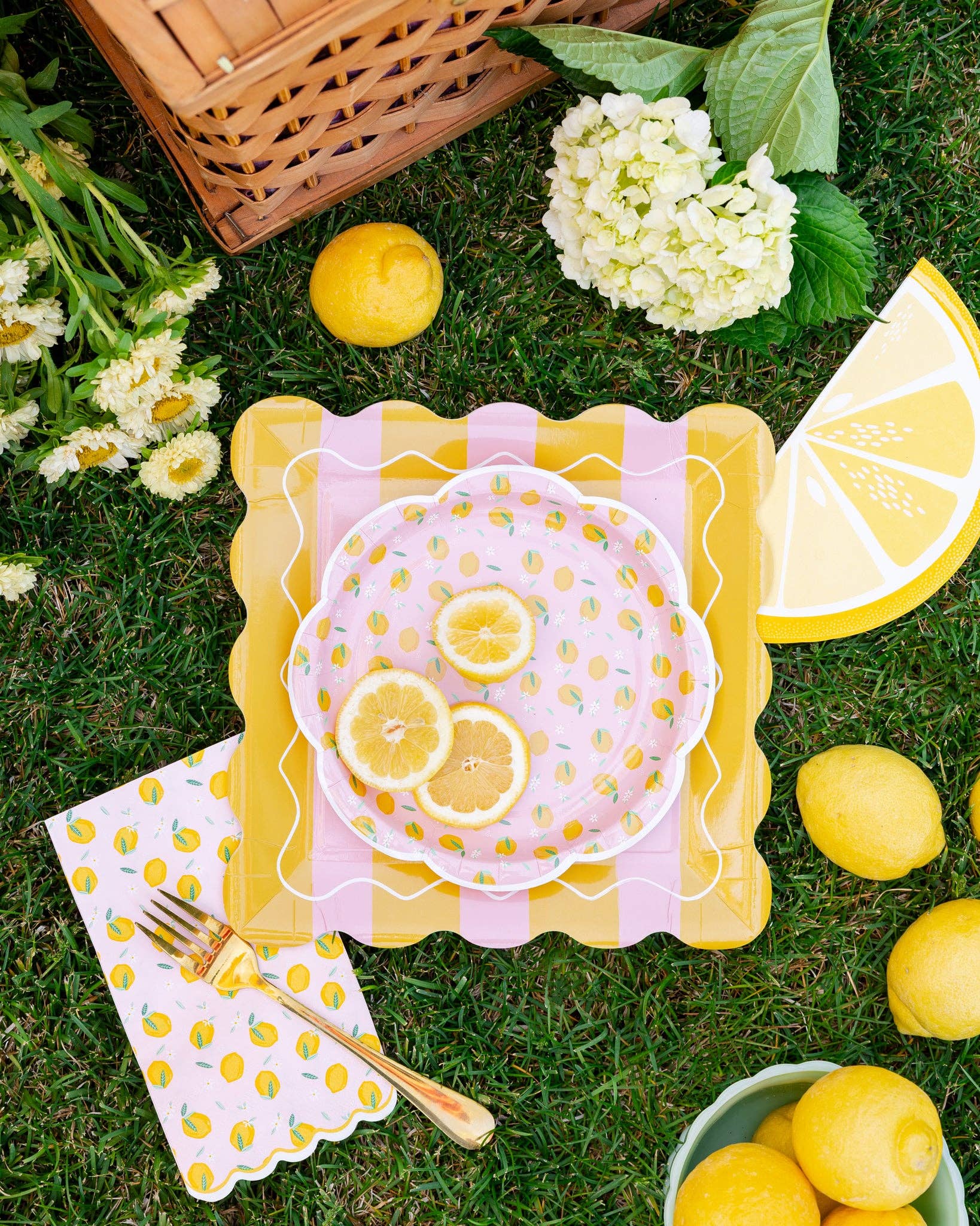 Outdoor picnic setup with lemon-themed tableware and lemons on grass