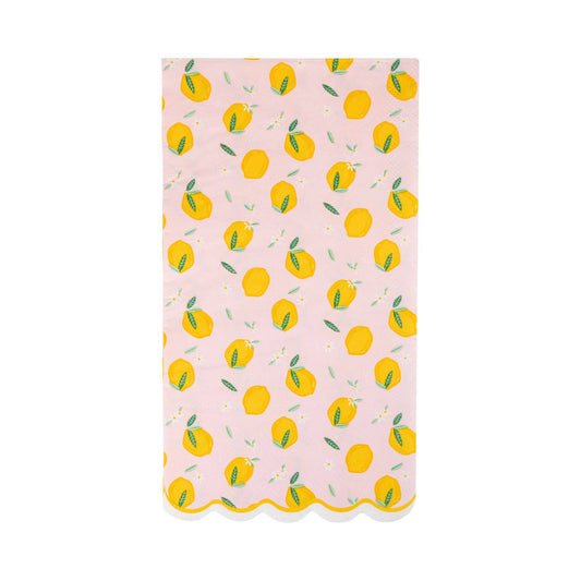 Pink dinner napkins with yellow lemon print and scalloped edge, perfect for summer parties and brunch tables in Toronto.