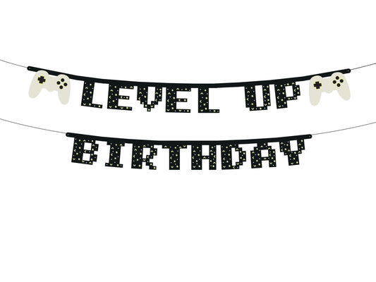 “Level Up Birthday” pixel-style gamer banner with controller accents, sold in Toronto at Confetti My Party. Ships across Canada.