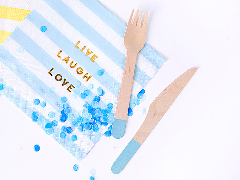live, laugh, love napkin with light blue wooden cutlery