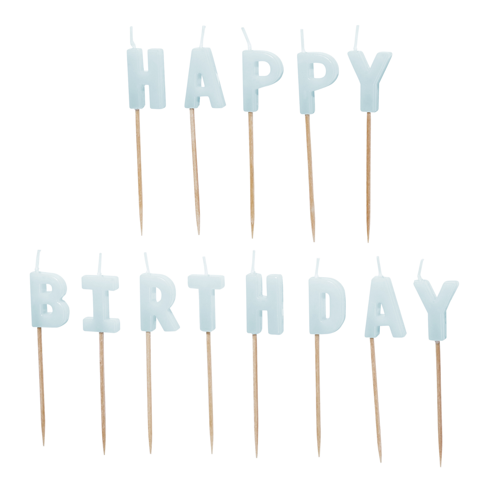 Light blue Happy Birthday letter candles available in Toronto and shipping across Canada
