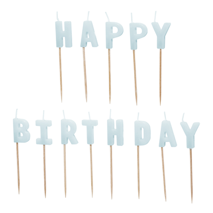 Light blue Happy Birthday letter candles available in Toronto and shipping across Canada