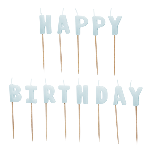 Light blue Happy Birthday letter candles available in Toronto and shipping across Canada