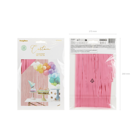 Packaged light pink foil fringe curtain backdrop, shown front and back with product dimensions and example party setup.