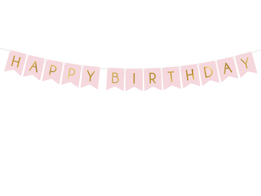 Light pink Happy Birthday banner with gold letters displayed on a white background, available in Toronto with Canada-wide shipping.