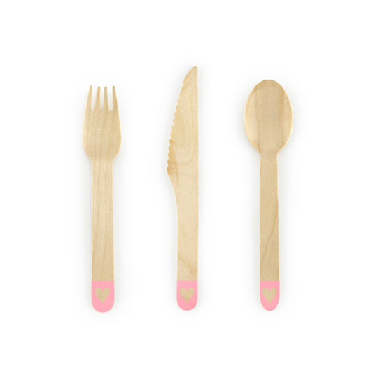 wooden cutlery with pink dipped end and heart detail