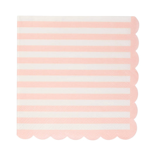 Light pink and white striped paper napkin with scalloped edge, ideal for birthday parties and baby showers.