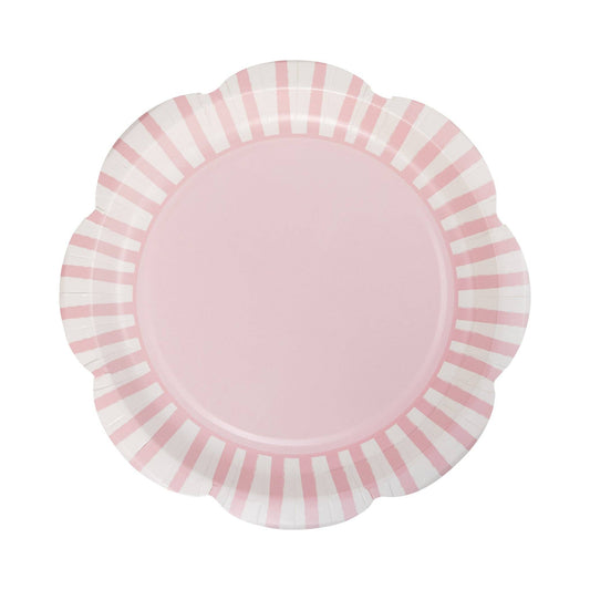 Light pink and white striped paper plate with scalloped edge, ideal for Toronto baby showers and parties.