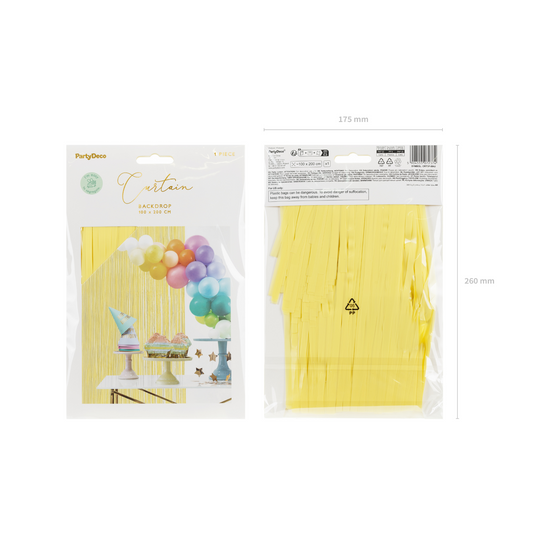 Packaged light yellow foil fringe curtain backdrop, shown front and back with product dimensions and example party setup.