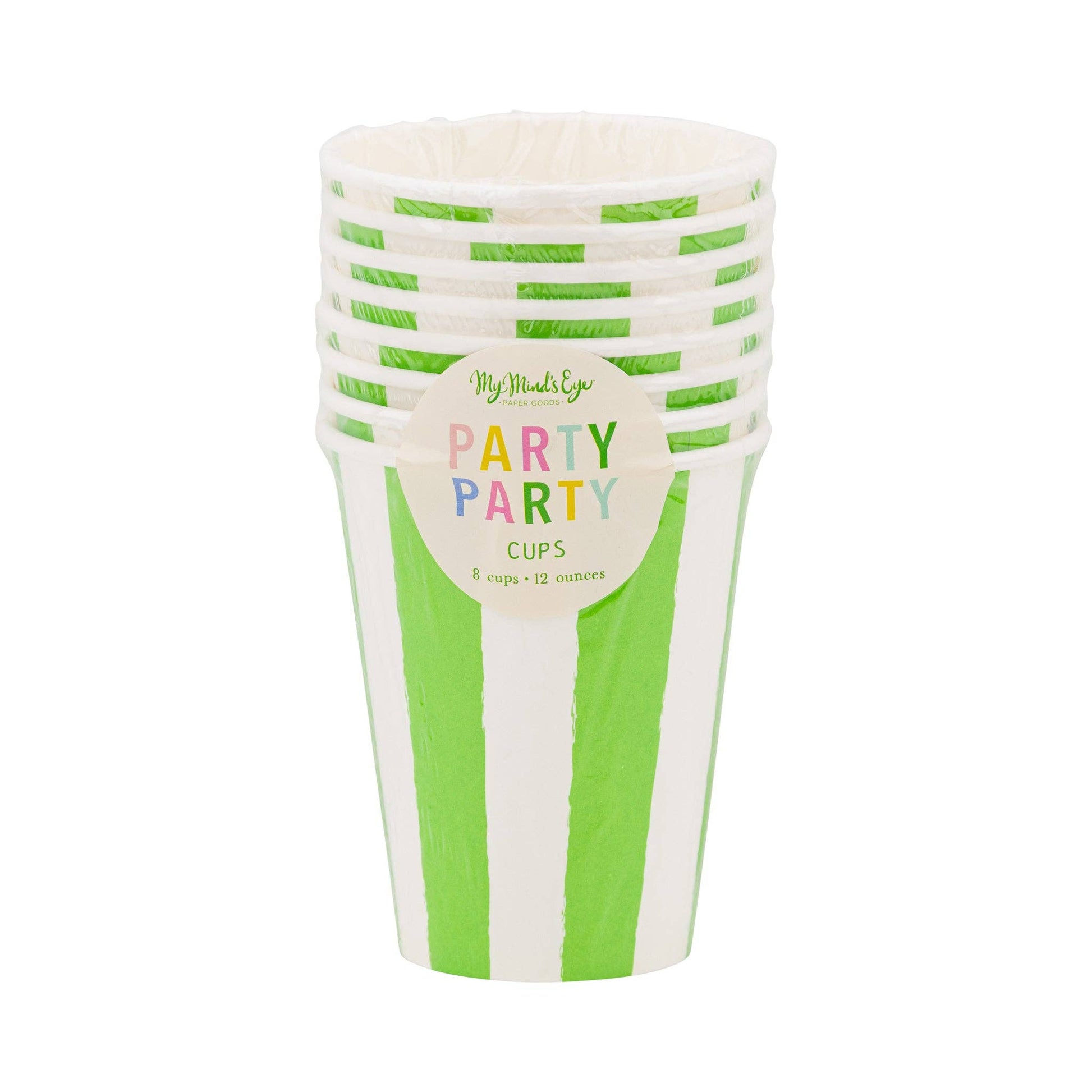 Stack of lime green striped paper cups with colourful label, great for Toronto parties and celebrations.