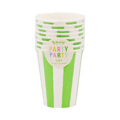 Stack of lime green striped paper cups with colourful label, great for Toronto parties and celebrations.