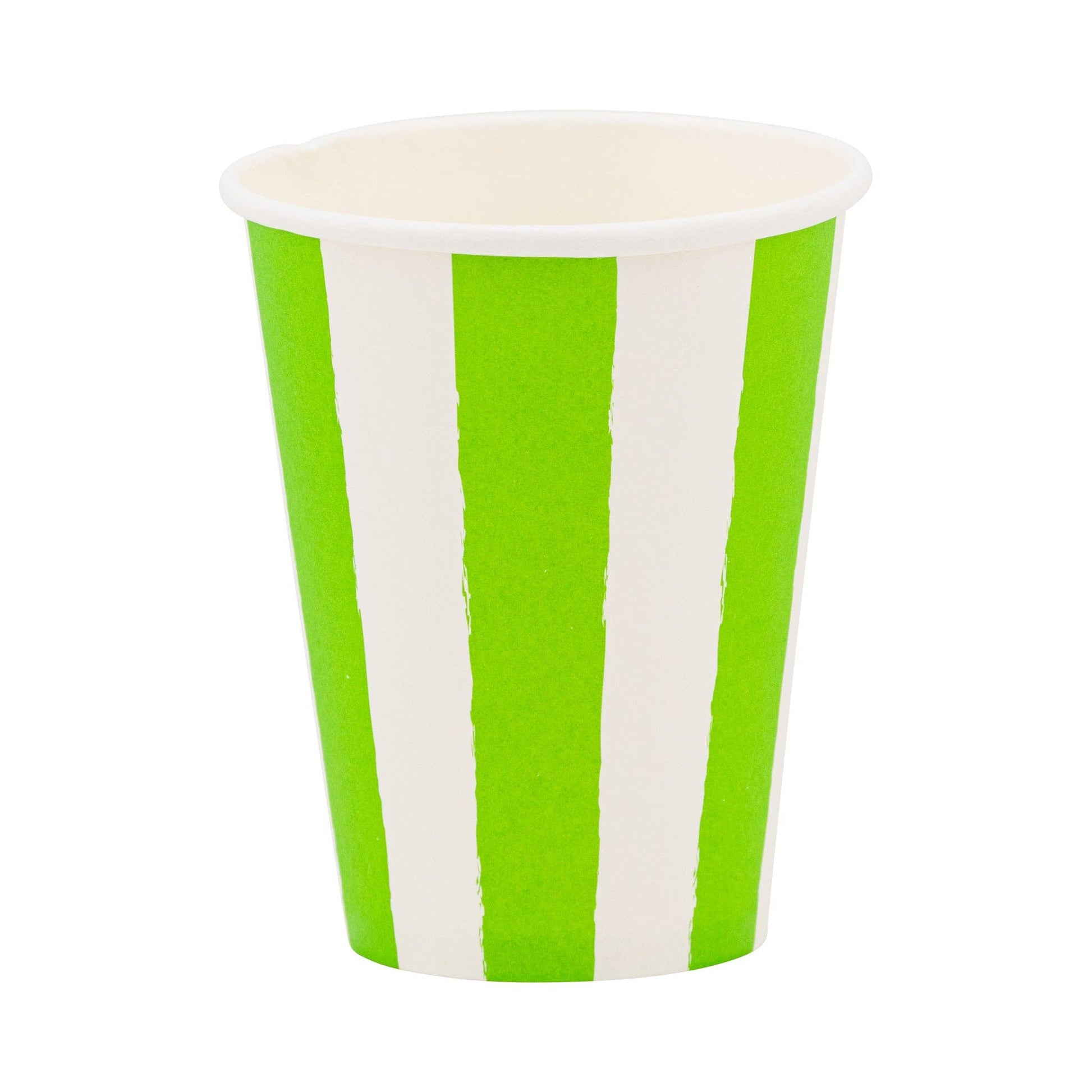Lime green and white striped paper cup, ideal for birthday parties, picnics, and celebrations in Toronto.