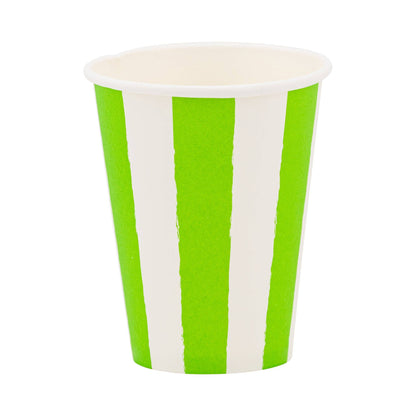 Lime green and white striped paper cup, ideal for birthday parties, picnics, and celebrations in Toronto.